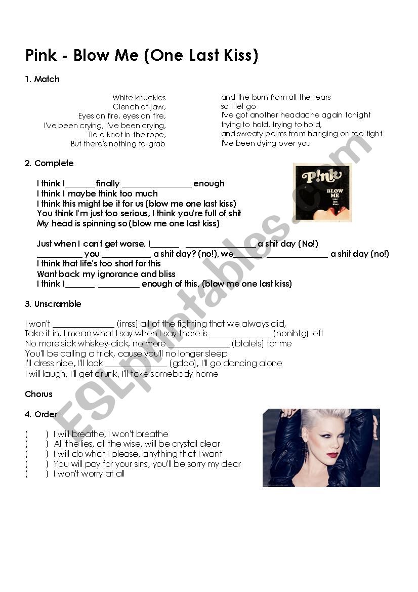 Pink - Blow me one last kiss worksheet