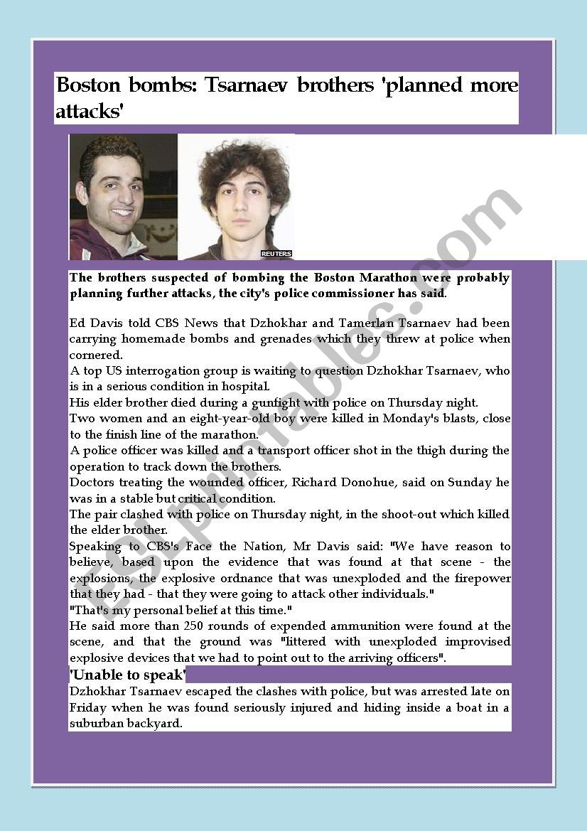 Boston Bombs News worksheet