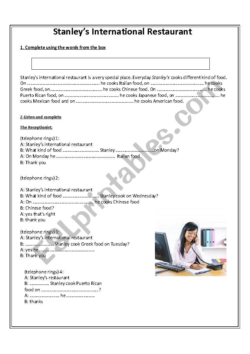 Stanleys Restaurant worksheet