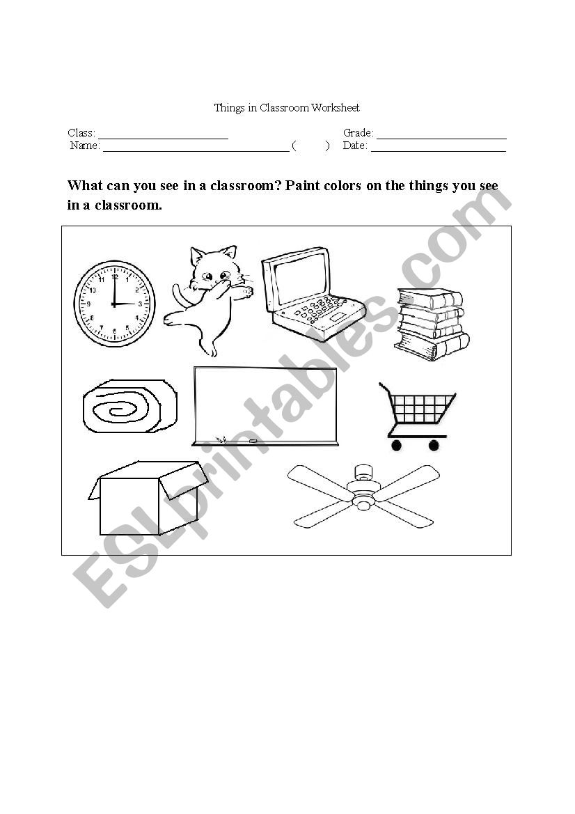 Things in classroom worksheet