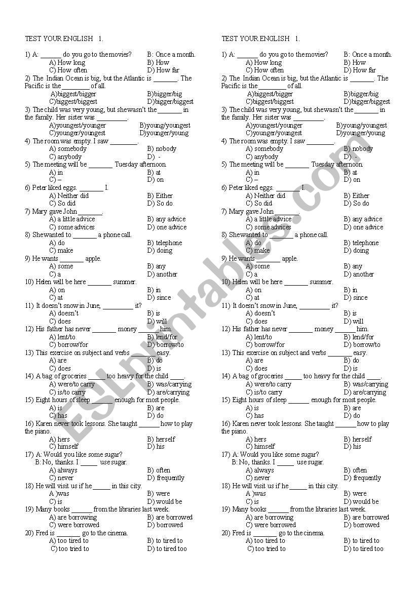 test for vocabulary worksheet