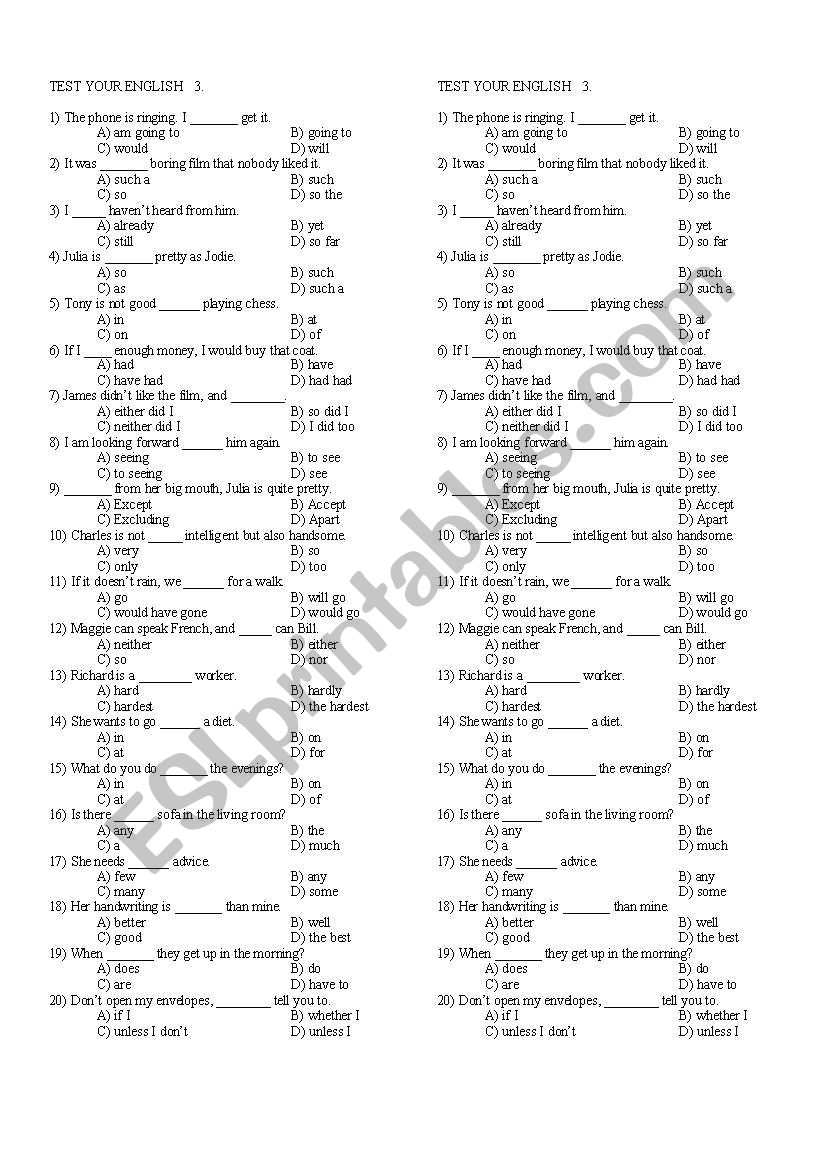 test for grammar worksheet