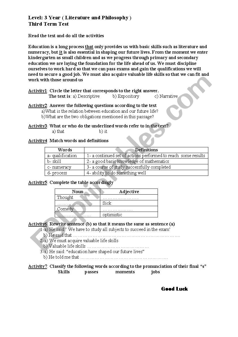 third term test worksheet