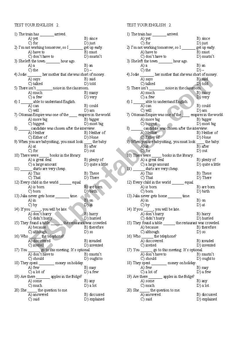 test for grammar worksheet