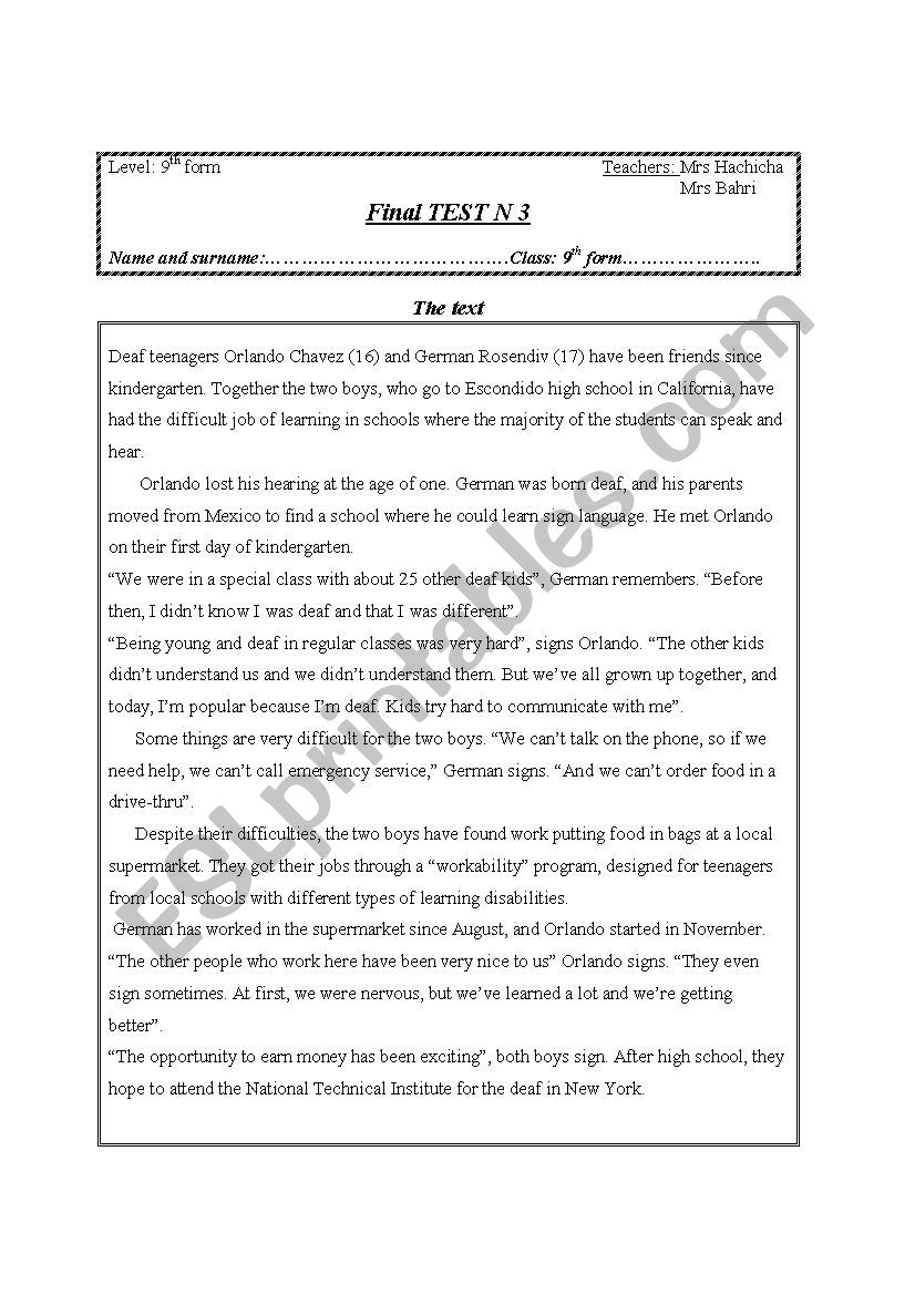 end term test N3- 2011-2012 worksheet