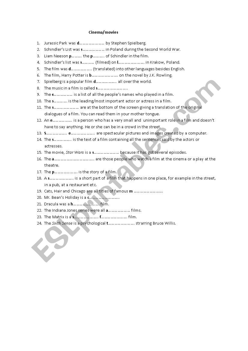 Cinema worksheet