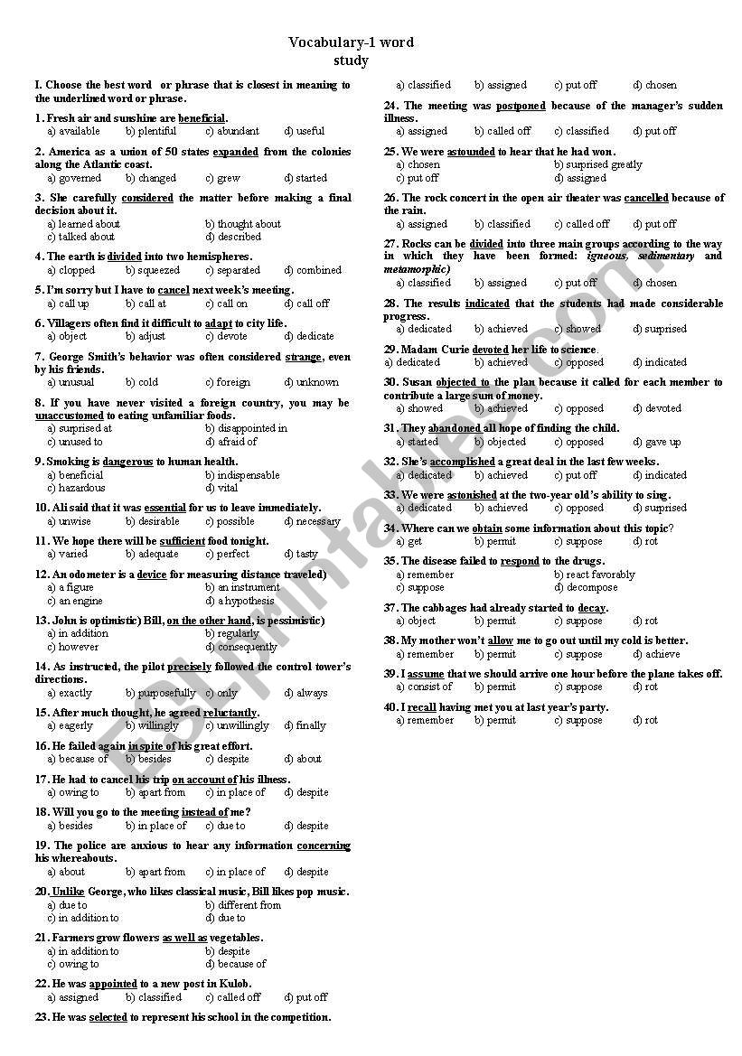 vocabulary study worksheet