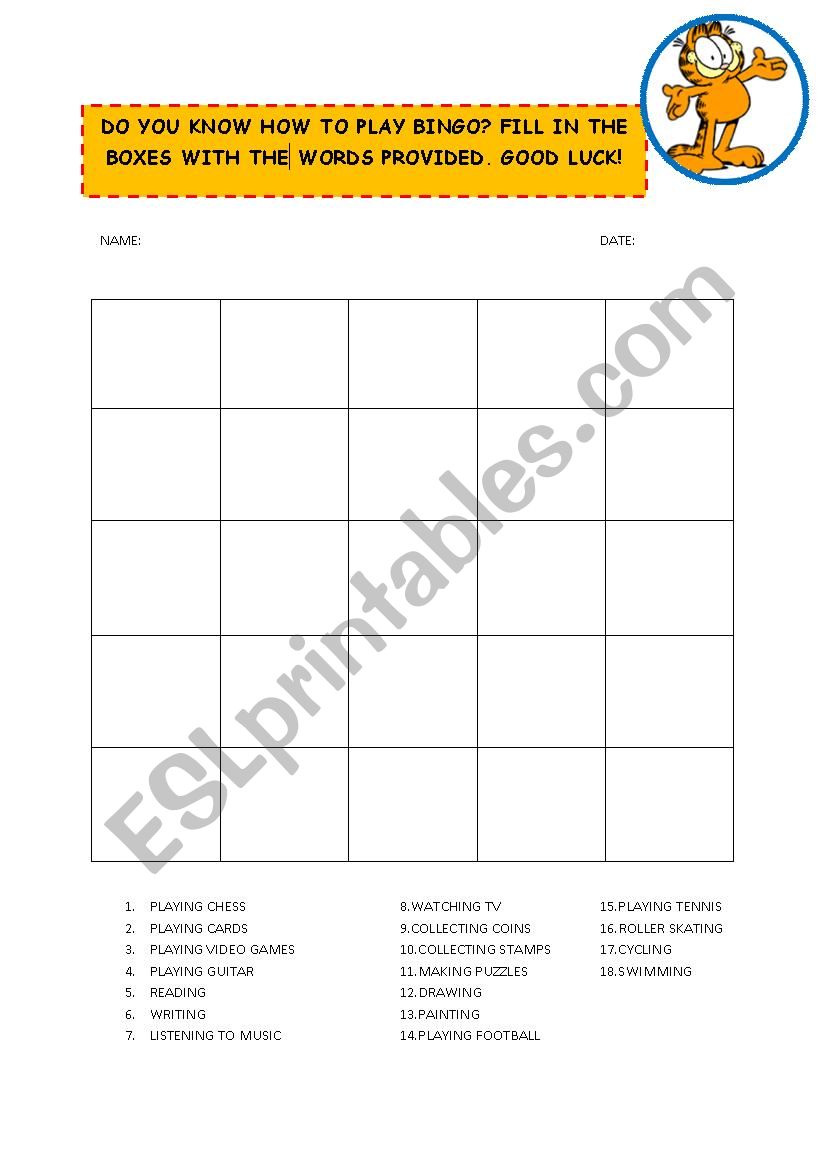 bingo game for hobbies worksheet