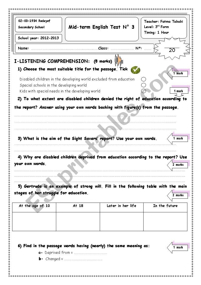 Mid-term English Test N 3  3rd form (Tunisian Curriculum)