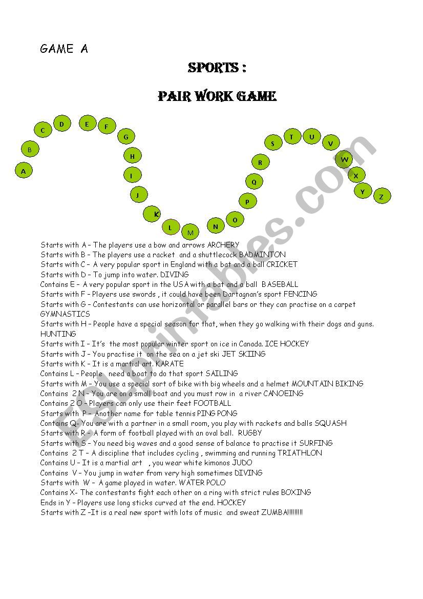 SPORTS PAIWORK GAME worksheet