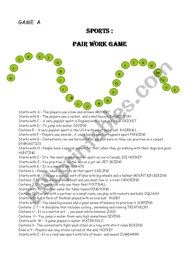 SPORTS PAIWORK GAME worksheet