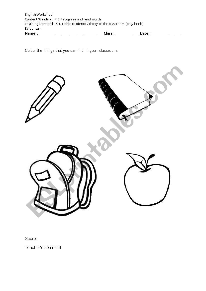 things in the classroom worksheet