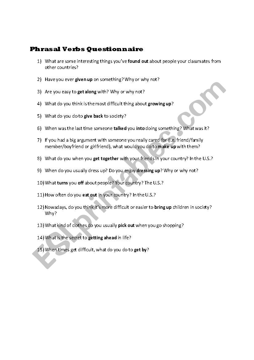 Phrasal Verbs Questionnaire worksheet