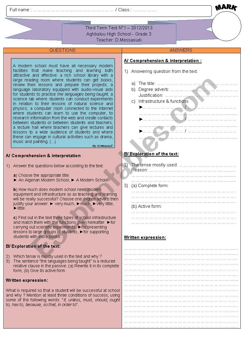 Third Term Test N°1 - Grade 3 - ESL worksheet by Messdjef