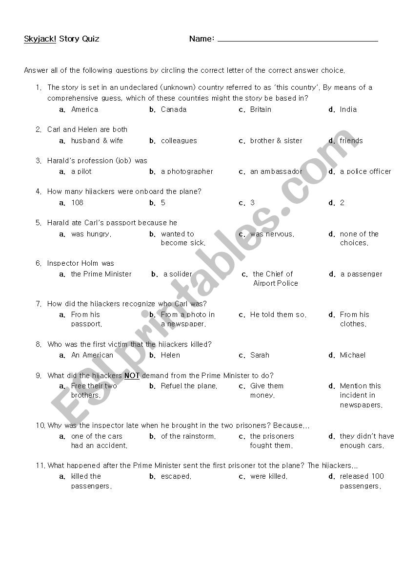 Skyjack! Comprehension Quiz worksheet