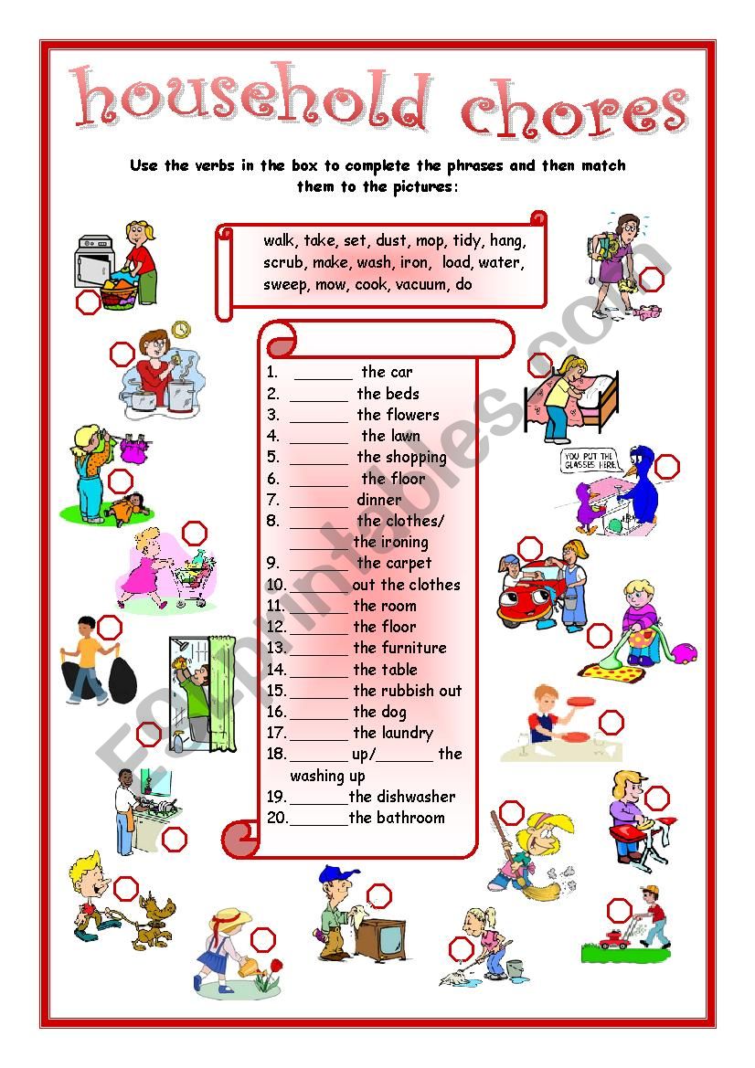 household chores matching worksheet