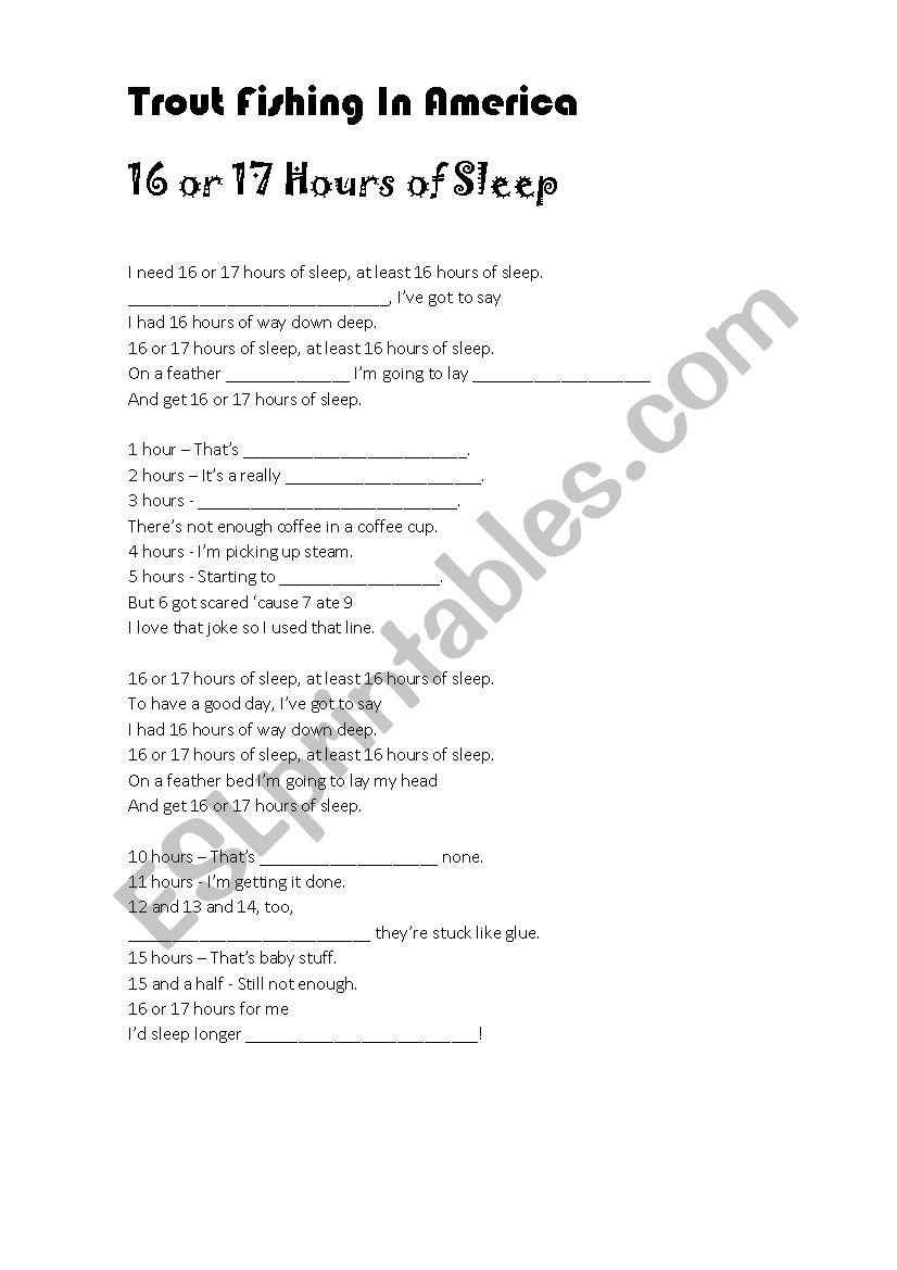 16 or 17 hours of sleep worksheet