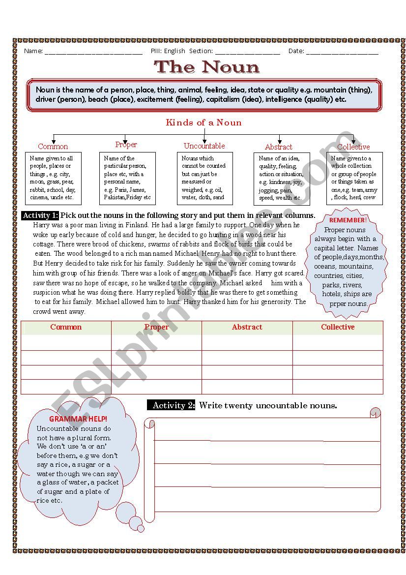 The Noun and its Kinds - 1 worksheet