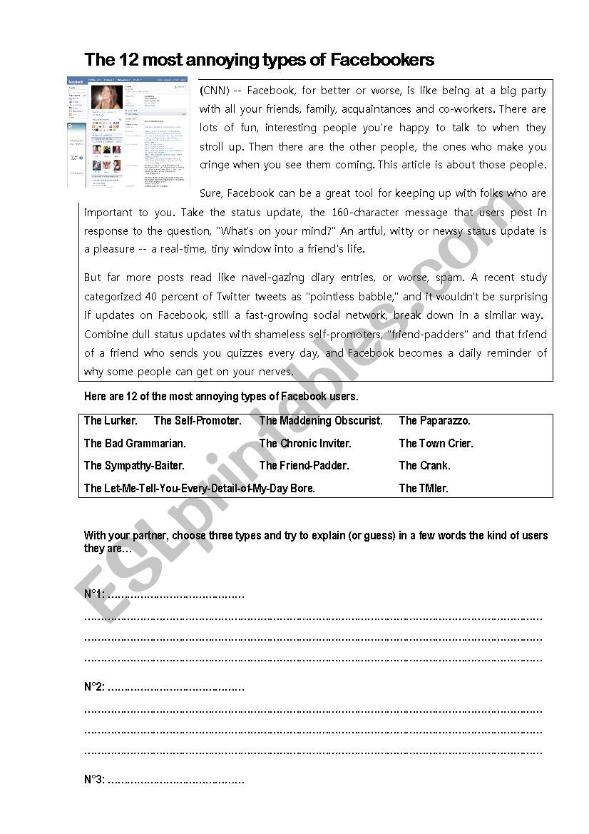 Worst Facebook users worksheet