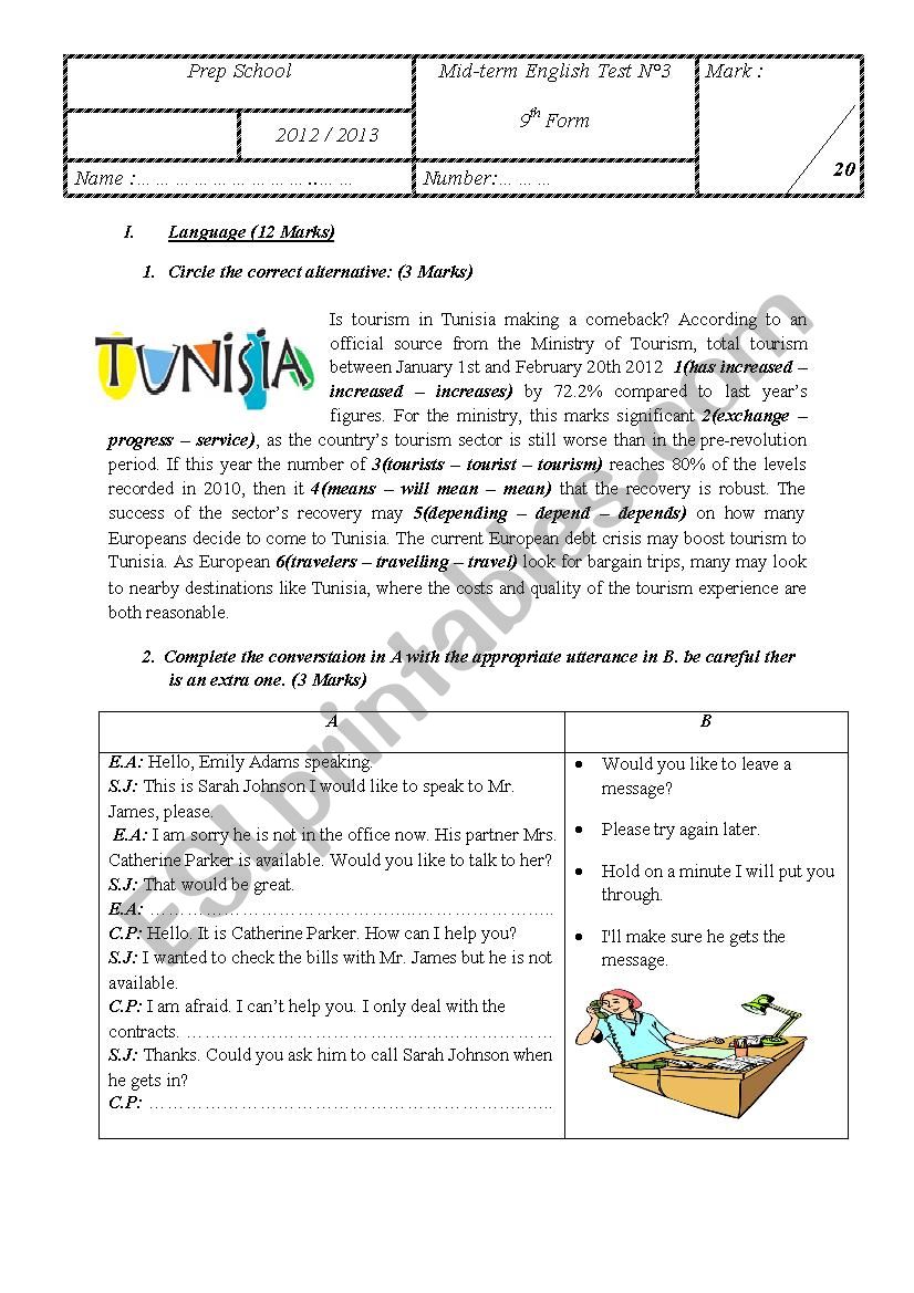 Test 9th form worksheet