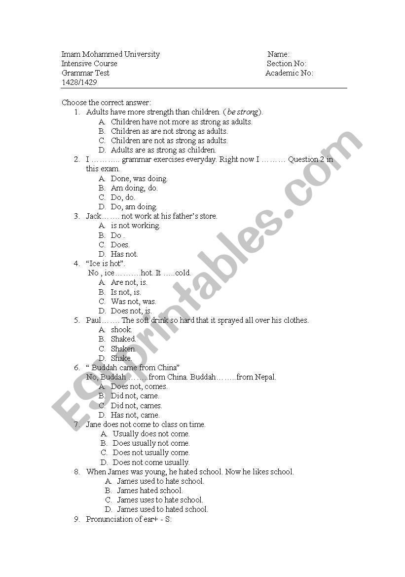 generla test on verbs worksheet