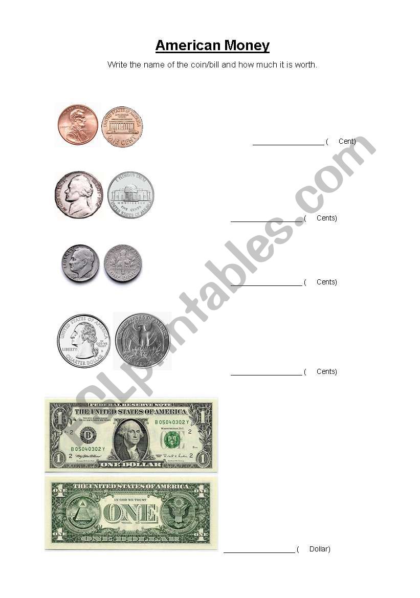 American Money worksheet