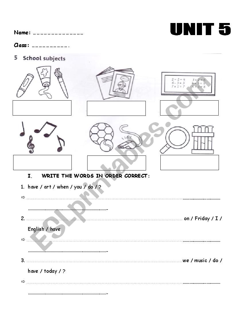 subjects worksheet