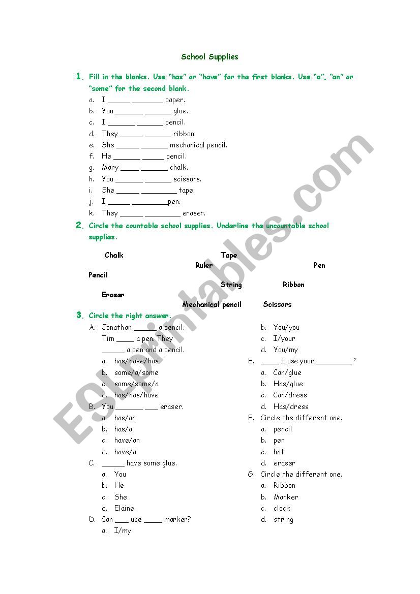 Classroom supplies worksheet