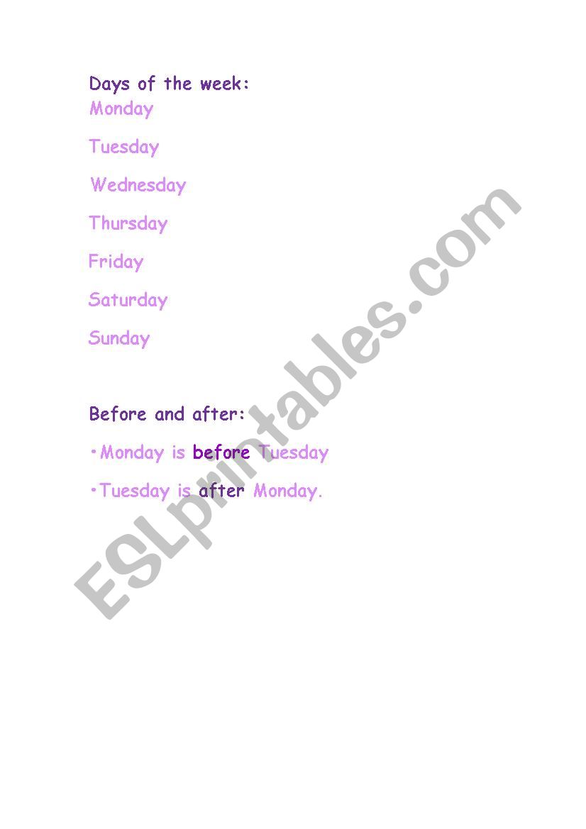 Days of the week worksheet