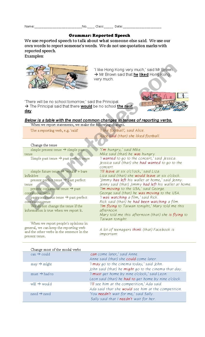 Reported Speech worksheet