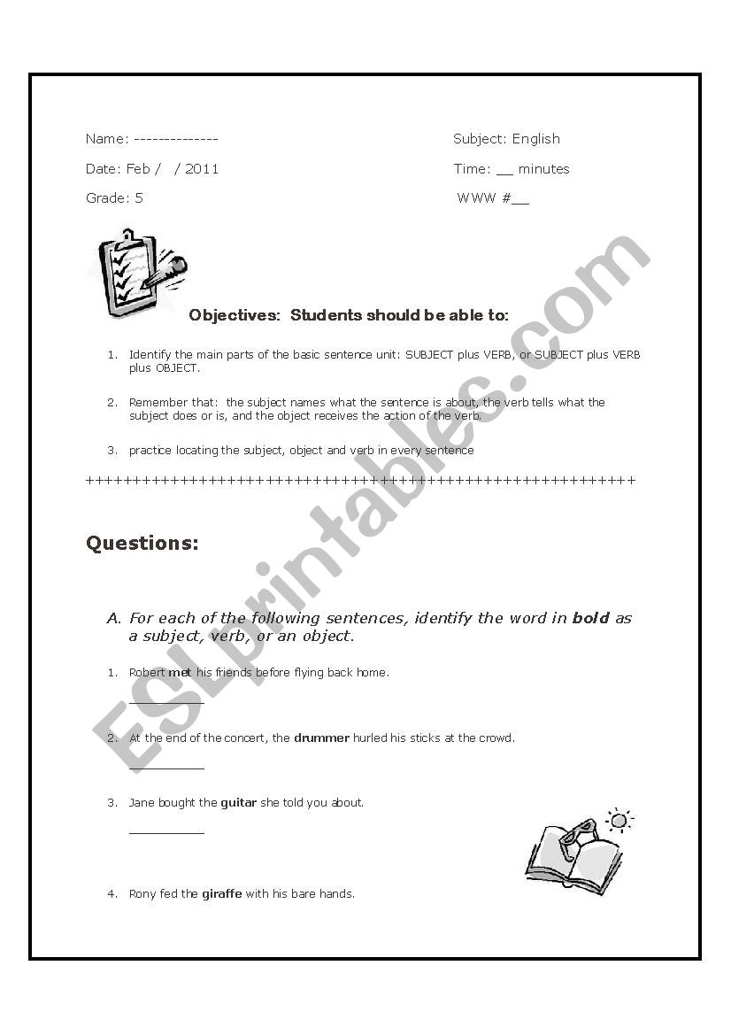 subject, verb, object worksheet