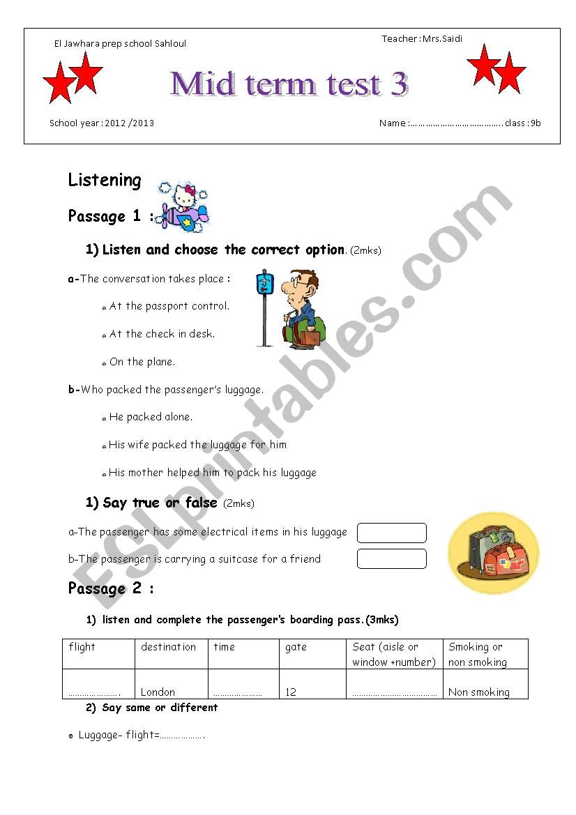 Mid term test 3 9th formers  worksheet