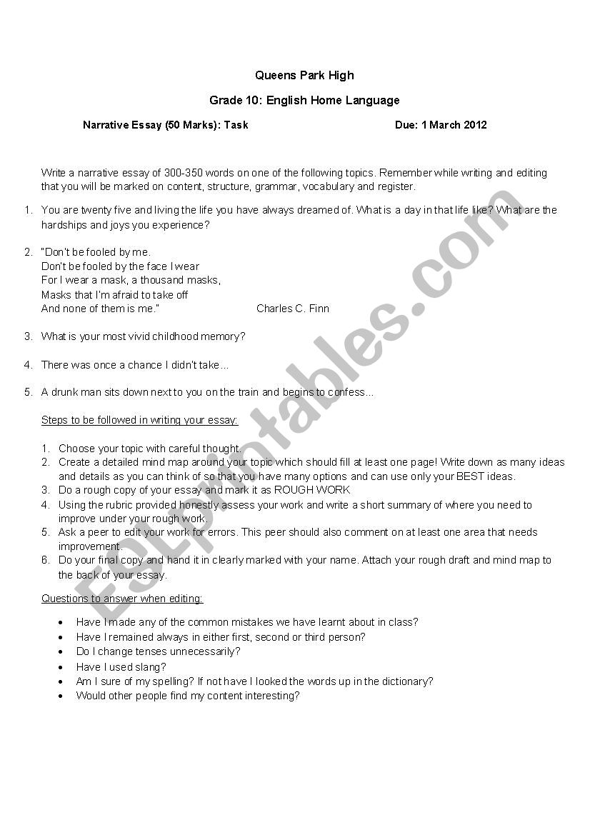 Narrative Essay Assignment worksheet