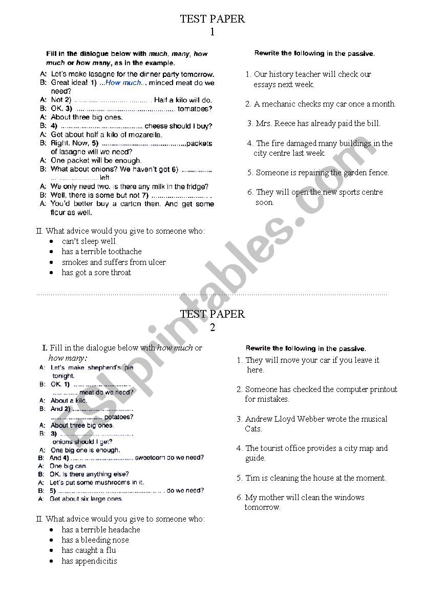 TEST PAPER uncountable nouns and the passive voice