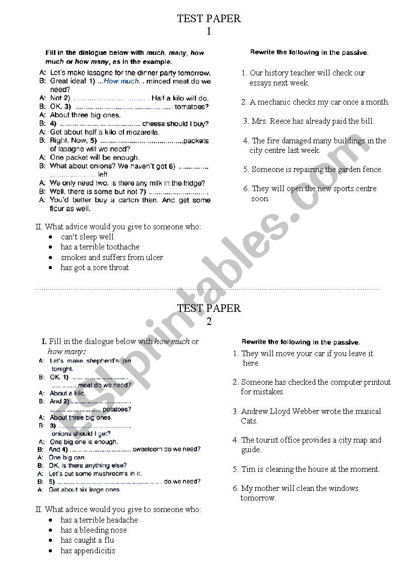 TEST PAPER uncountable nouns and the passive voice