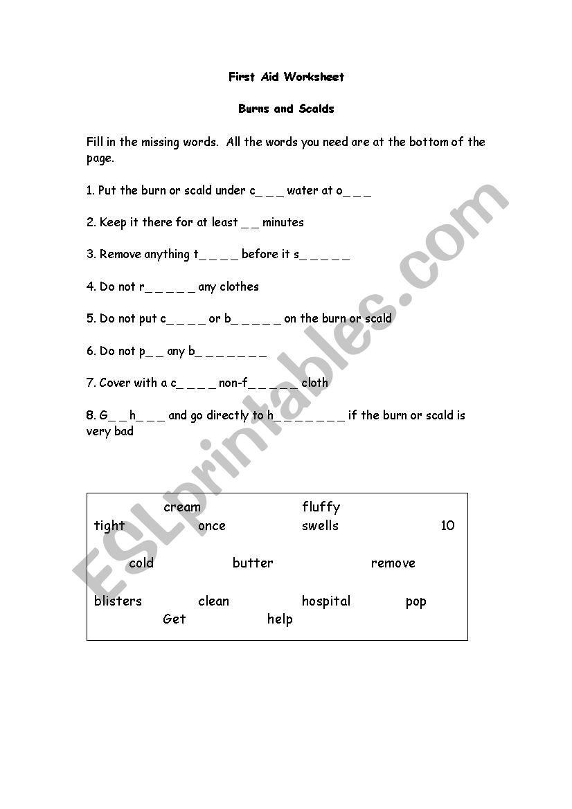First Aid Burns and Scalds worksheet