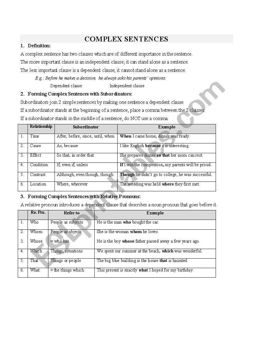 Esl Complex Sentences Worksheet
