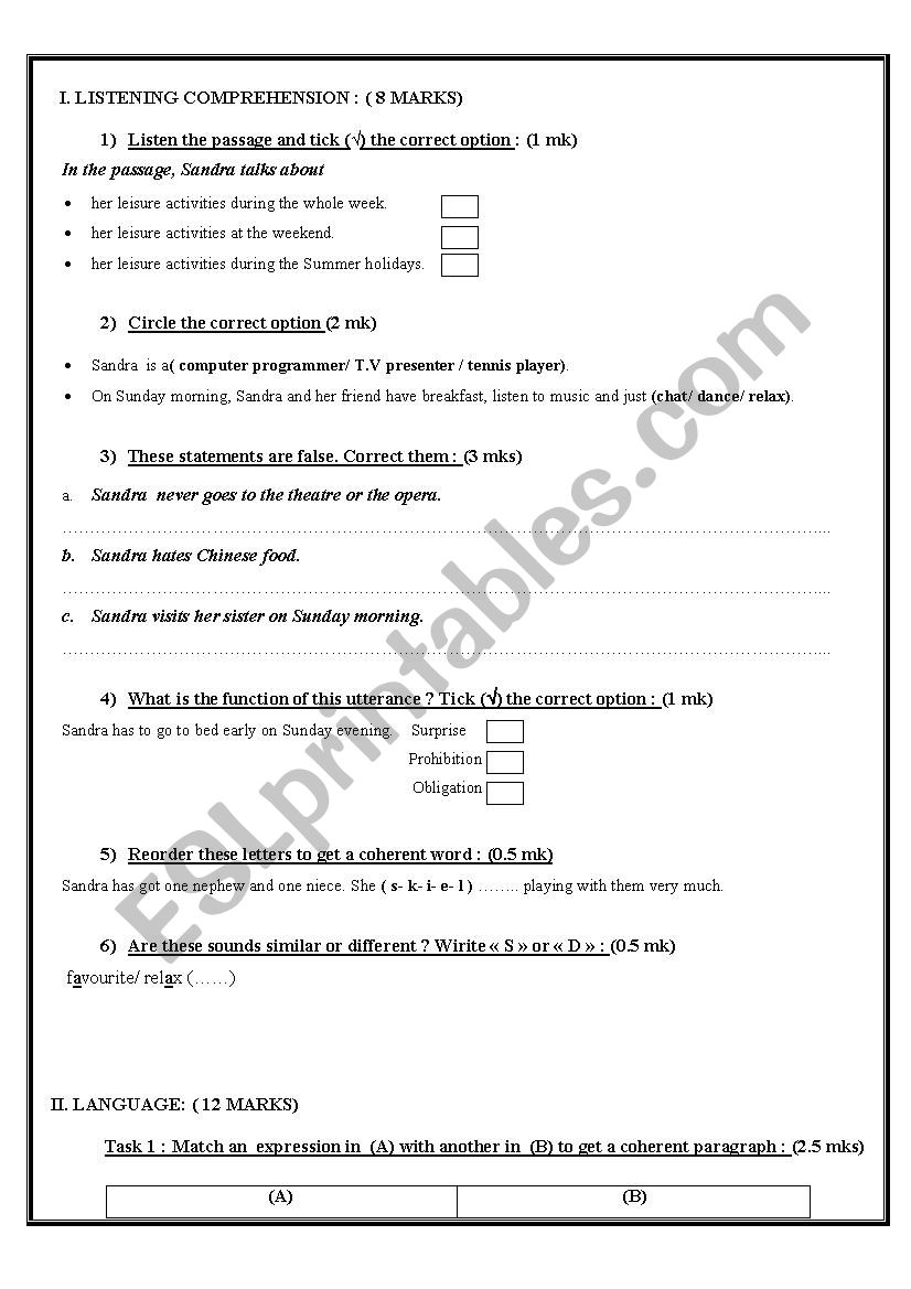 mid-term test n 3 for 9th form Tunisian pupils