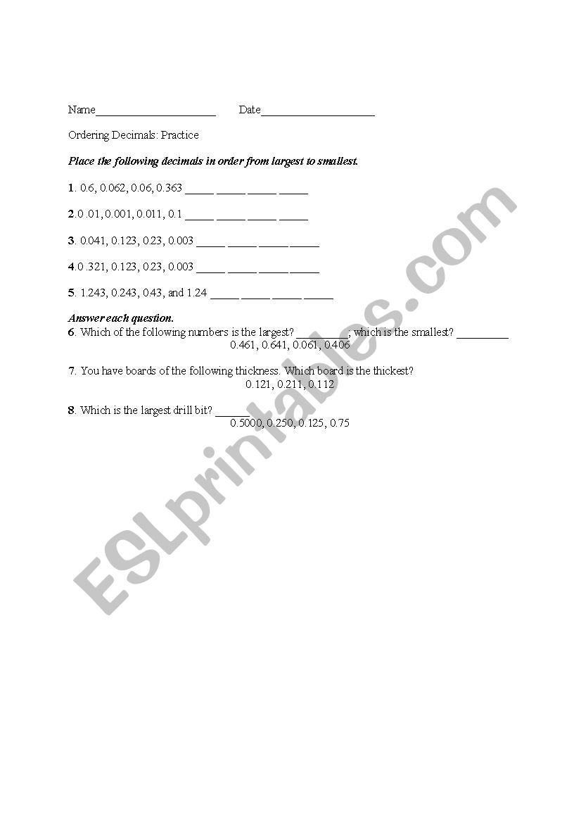 Ordering Decimals Practice worksheet