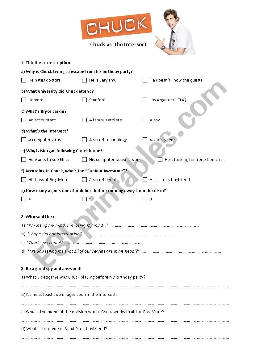 Chuck vs. the Intersect worksheet