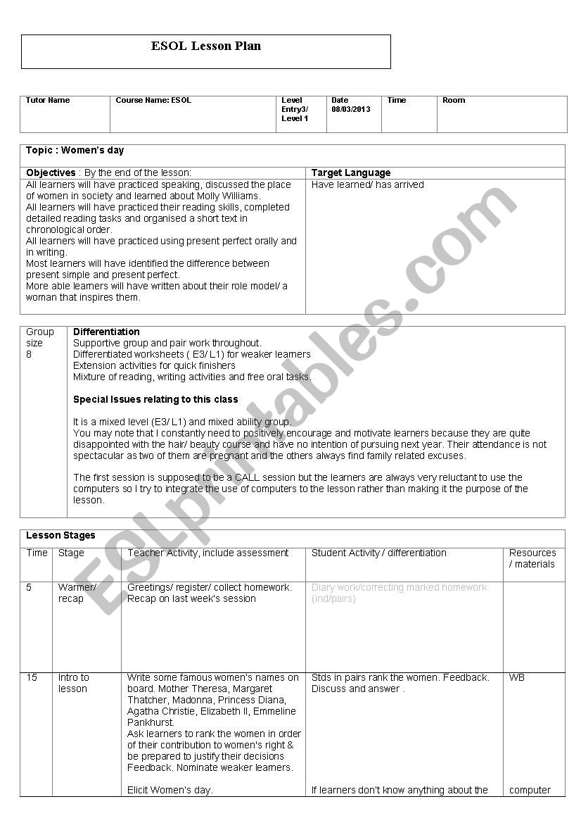 lesson plan present perfect worksheet