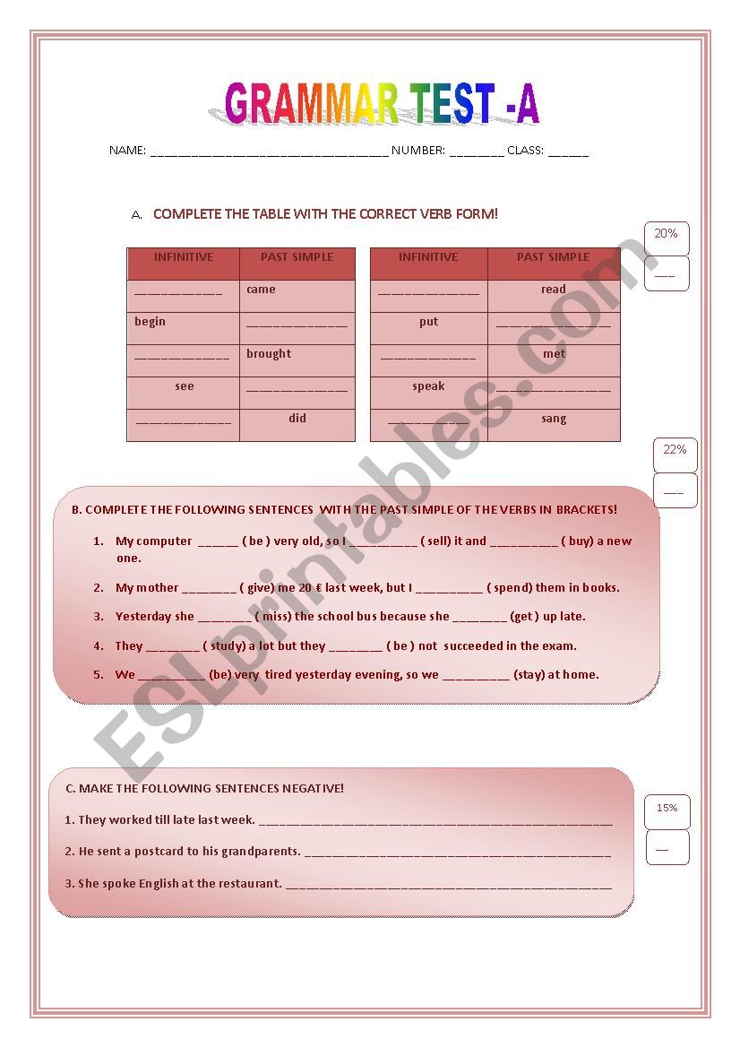 Grammar test worksheet