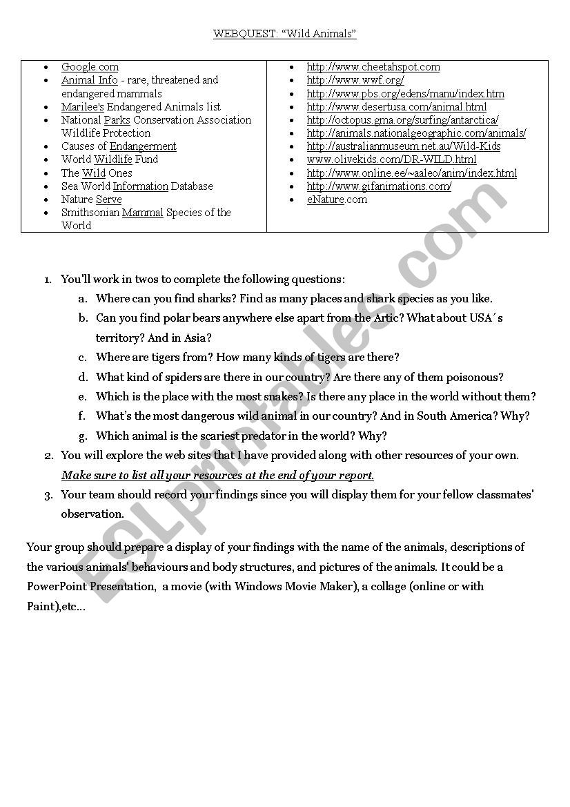 WEBQUEST: Wild Animals worksheet