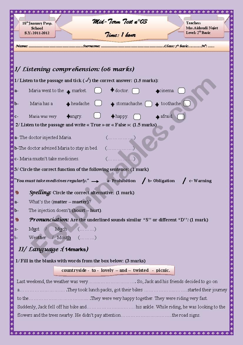 mid-term test03-7th form worksheet