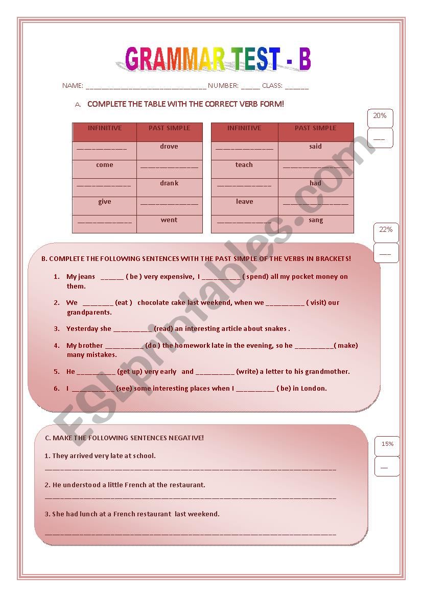 Grammar test B worksheet