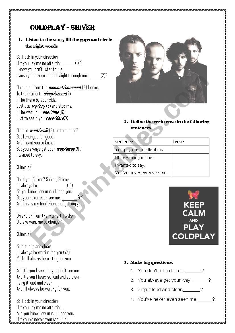 Coldplay - Shiver worksheet