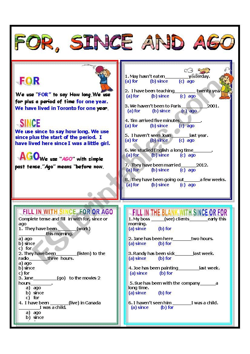 FOR, SINCE AND AGO - ANSWER KEY INCLUDED