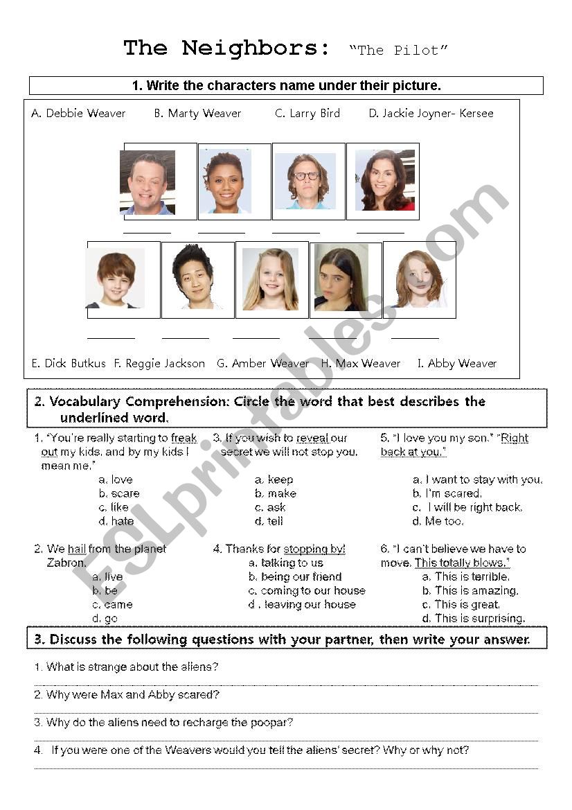 The Neighbors- S1E1- The Pilot Worsksheet