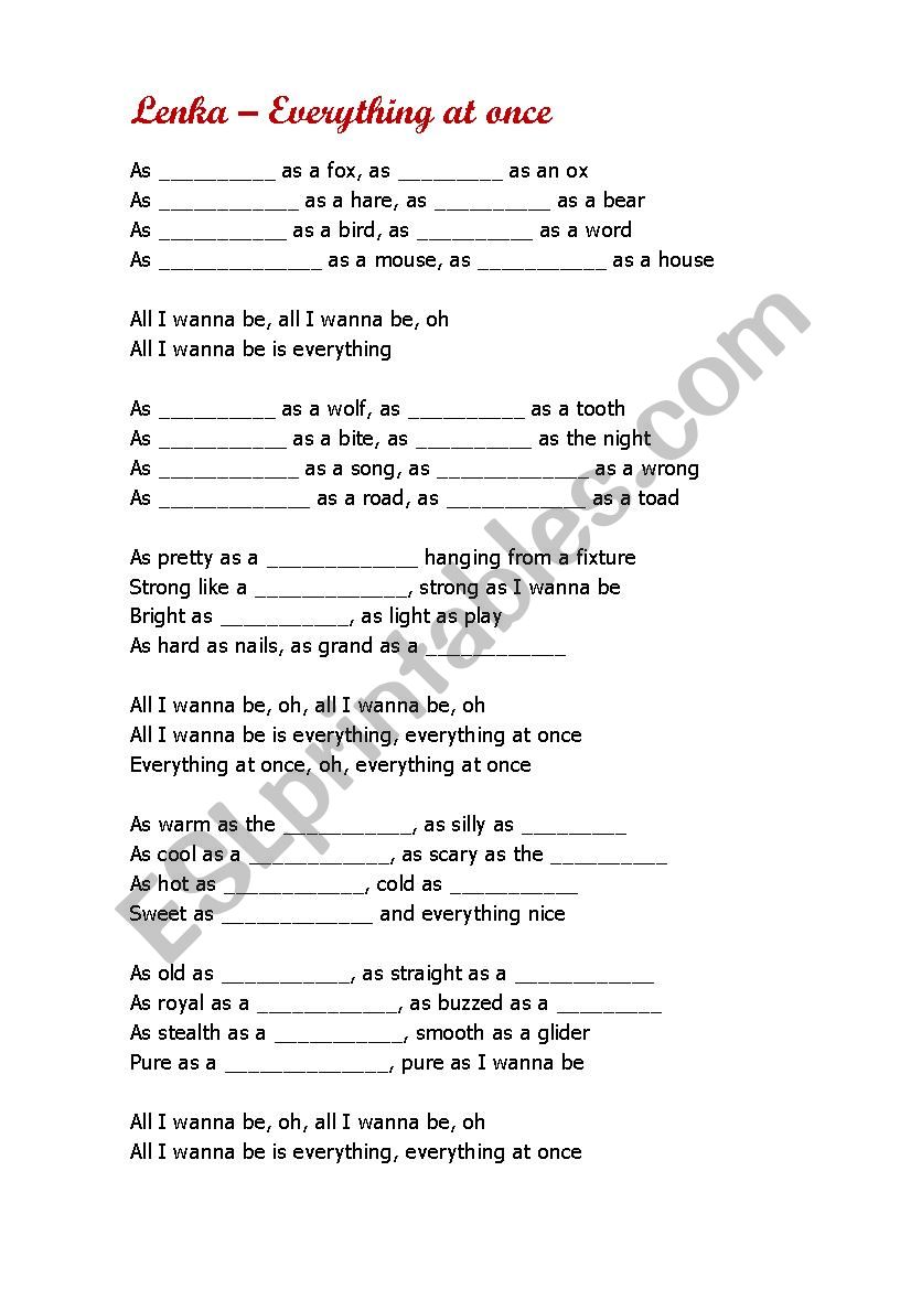 Everything at once by Lenka worksheet