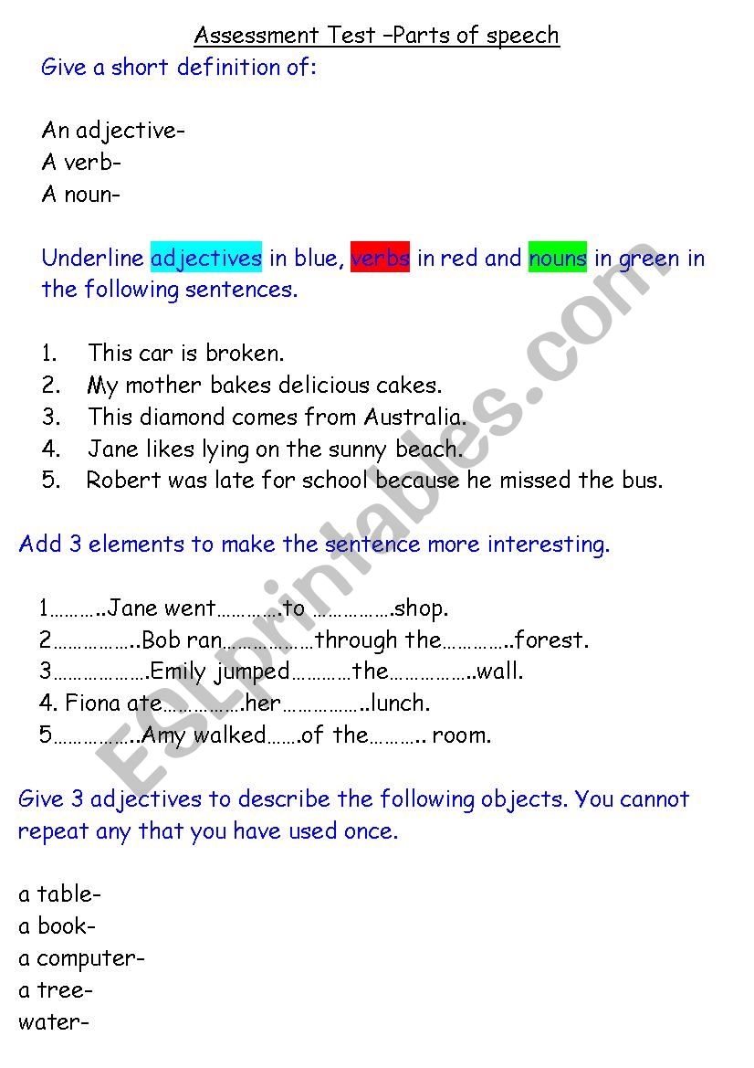 Parts of speech worksheet